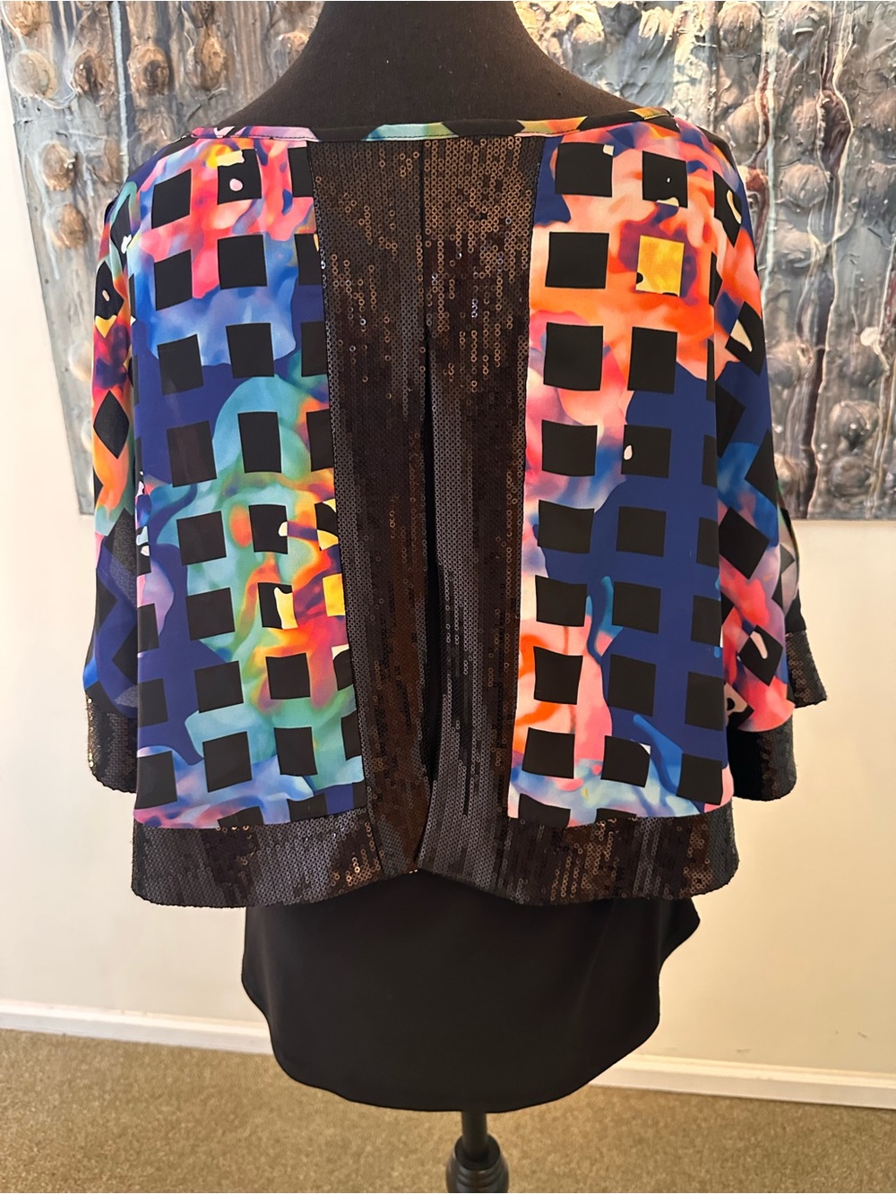 Joseph Ribkoff 12 Multicolor Geometric Overlay Cape Tunic with Sequin Hem - Picture 8 of 10